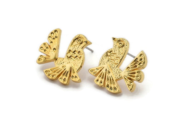 Gold Bird Earring, 2 Gold Plated Brass Bird Stud Earrings (19x18x2mm) N1671 Q0207