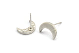 Silver Moon Earring, 4 Antique Silver Plated Brass Crescent Moon Stud Earrings (12x4x2mm) N1588