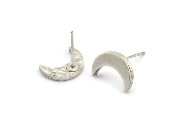 Silver Moon Earring, 4 Antique Silver Plated Brass Crescent Moon Stud Earrings (12x4x2mm) N1588