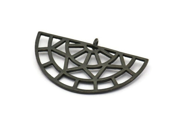 Black Ethnic Pendant, 2 Oxidized Black Brass Semi Circle Pendants With 1 Loop (37x22x1mm) R016 V046