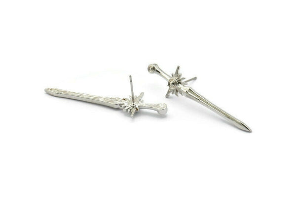 Silver Sword Earring, 2 Silver Tone Brass Sword Stud Earrings (43x12mm) N1624 H1121
