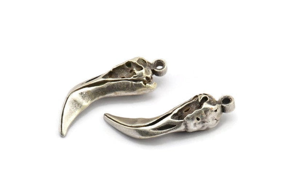 Bird Skull Charm, 1 Antique Silver Plated Brass Bird Skull Pendants, (30x9x8mm) N0490