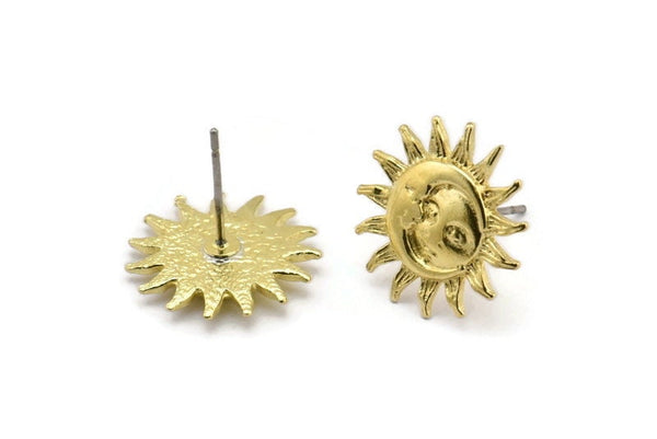 Brass Sun Earring, 4 Raw Brass Sun Stud Earrings (17mm) N1527