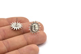 Silver Sun Earring, 2 Antique Silver Plated Brass Sun Stud Earrings (17mm) N1527