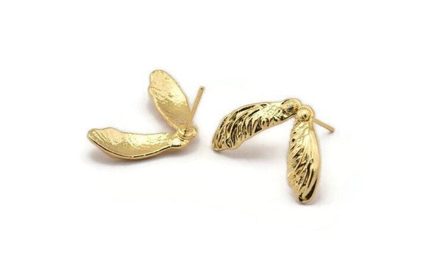 Gold Maple Seed Earring, 2 Gold Plated Brass Maple Seed Stud Earrings, Findings (27x16mm) N1603