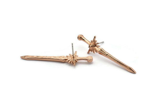 Rose Gold Sword Earring, 2 Rose Gold Plated Brass Sword Stud Earrings (43x12mm) N1624 H0910
