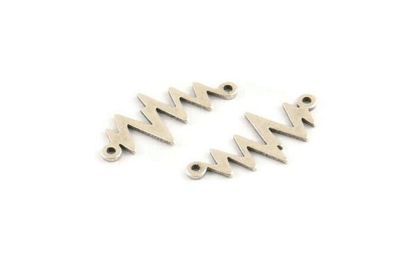 Silver Heart Rhythm Connector, 12 Antique Silver Plated Brass Heart Rhythm Shaped Connectors With 2 Loops (22x10.5x0.75mm) E072 H1595
