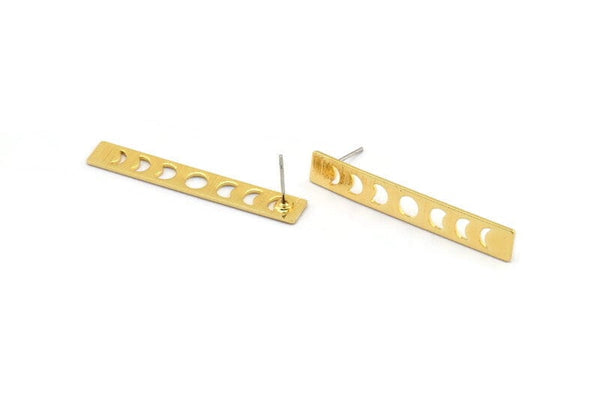 Gold Rectangle Earring, 4 Textured Gold Plated Brass Moon Phases Stud Earrings (40x6x0.80mm) M01483 A2397