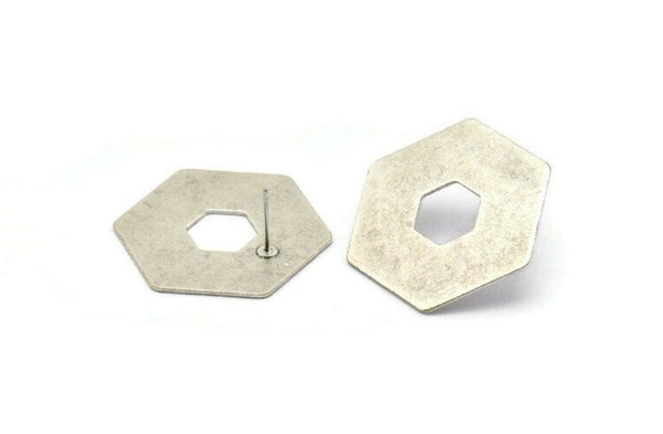 Silver Hexagon Earring, 2 Antique Silver Plated Brass Hexagon Stud Earrings (30x0.80mm) D0514 C018 A1697