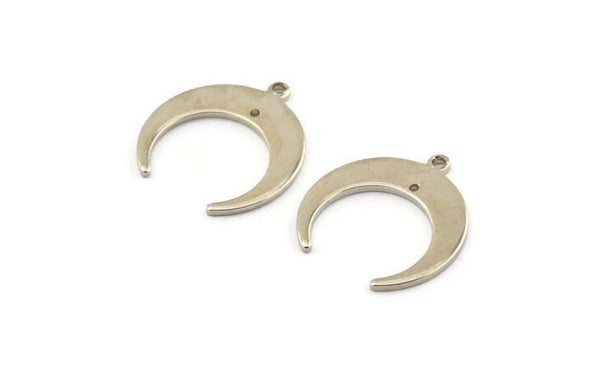 Silver Moon Charm, 12 Silver Tone Brass Crescent Moon Charms With 1 Hole And 1 Loop (18x19x7x1mm) E146