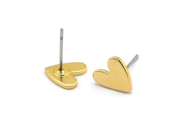 Gold Heart Earring, 8 Textured Gold Plated Brass Heart Stud Earrings (8x1mm) M02169 A2554 Q0189