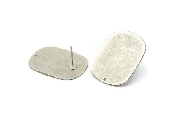 Silver Stud Earrings, 4 Antique Silver Plated Brass Stud Earrings (27x20x0.50mm) D0667 A1792