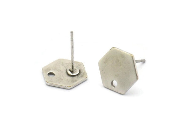 Silver Hexagon Earring, 10 Antique Silver Plated Brass Hexagon Stud Earrings With 1 Hole (10x0.8mm) E173 A1776