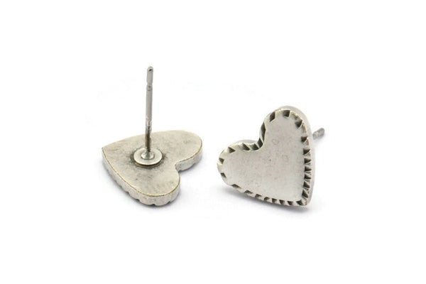 Silver Heart Earring, 4 Antique Silver Plated Brass Heart Stud Earrings (10x12x1.5mm) Y157 A1796