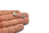 Earring Studs, 4 Antique Silver Plated Brass -  Brass Sun Earrings - Brass Earrings - Earrings (15x12mm) N1545