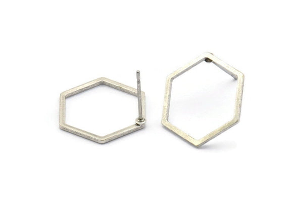 Silver Hexagon Earring, 8 Antique Silver Plated Brass Hexagon Stud Earrings (16x0.90mm) A1638 A1712