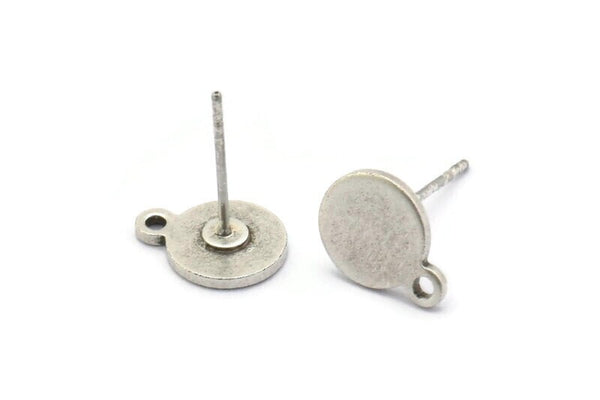 Silver Round Earring, 10 Antique Silver Plated Brass Round Stud Earrings With 1 Loop (10x8x1mm) E041 A1787