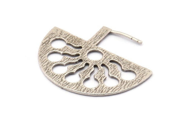 Silver Ethnic Earring, 2 Antique Silver Plated Brass Semi Circle Earrings (37x29.5x1mm) E243