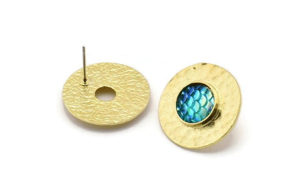 Brass Round Earring, 4 Raw Brass Hammered Round Earring Posts With 1 Pad, Findings (22x3mm) E273