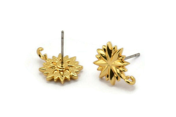 Gold Rosette Earring, 4 Gold Plated Brass Badge Stud Earrings (14x12mm) N1618