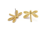 Gold Dragonfly Earring, 4 Gold Plated Brass Dragonfly Stud Earrings (21x14mm) N1668 H1579