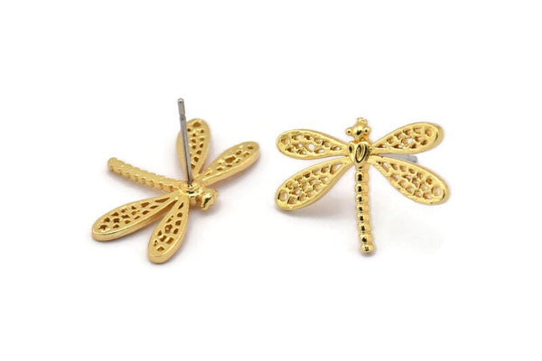 Gold Dragonfly Earring, 4 Gold Plated Brass Dragonfly Stud Earrings (21x14mm) N1668 H1579