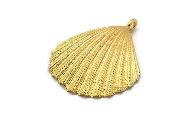 Gold Shell Charm, 1 Gold Plated Brass Sea Shell Charm with 1 Loop, Pendants, Charms, Findings (34x29mm) E285 Q0537