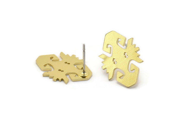 Earring Studs, 8 Raw Brass - Ethnic Motif Shaped Stud Earrings - Brass Earrings - Earrings (18x13x0.80mm) A2756
