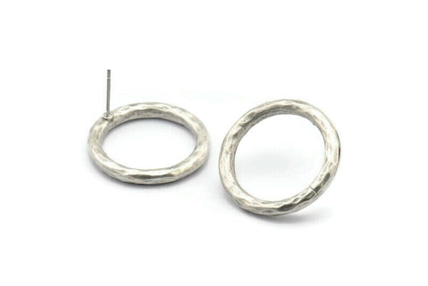 Silver Ring Earring, 2 Hammered Antique Silver Plated Brass Ring Stud Earrings (23x3mm) N1501 A2390