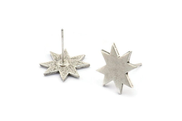 Silver Star Earring, 4 Antique Silver Plated Brass Star Stud Earrings (13x1.2mm) N1538