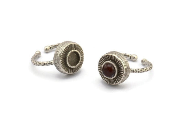 Silver Ring Settings, 2 Antique Silver Plated Brass Round Ring With 1 Stone Setting - Pad Size 6mm N1101