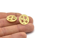Brass Round Earring, 8 Raw Brass Star Patterned Round Shaped Stud Earrings (18x0.80mm) A2770