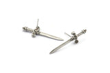 Knight&#39;s Sword Earring, 2 Antique Silver Plated Brass Sword Stud Earrings (33x10mm) N0248 A1177