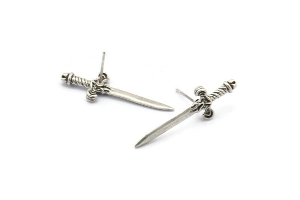 Knight&#39;s Sword Earring, 2 Antique Silver Plated Brass Sword Stud Earrings (33x10mm) N0248 A1177