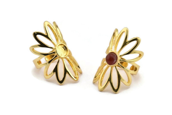 Gold Ring Setting, Gold Plated Brass Flower Ring With 1 Stone Settings - Pad Size 6mm N1793 H0778