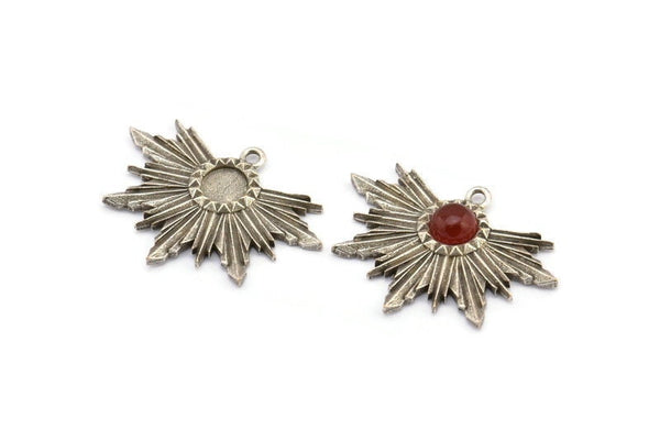 Silver Badge Charm, 2 Antique Silver Plated Brass Rosette Charm Pendants With 1 Loop, Earrings - Pad Size 6mm (33x24mm) N0751