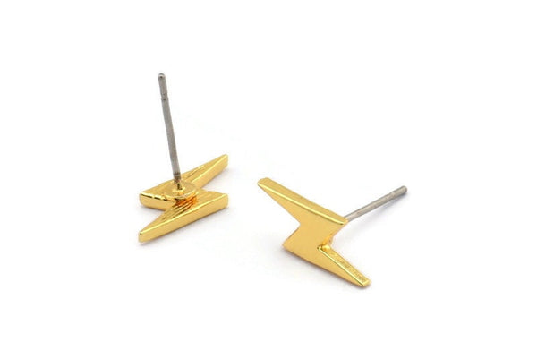 Gold Earring, 8 Gold Plated Brass Lightning Bolt Stud Earrings (14x5x1.2mm) N1644