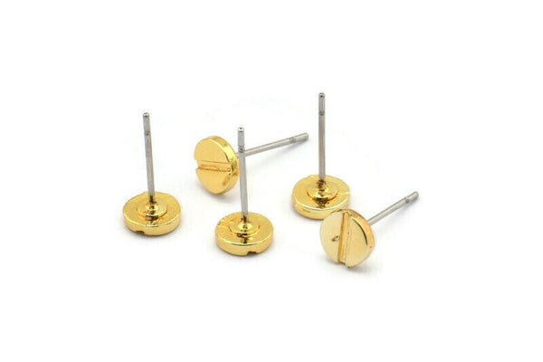 Gold Round Earring, 6 Gold Plated Brass Screw Shape Round Earring Studs (6x1.2mm) N1652