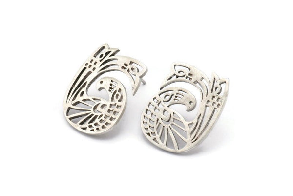 Silver Bird Earring, 2 Antique Silver Plated Brass Bird Stud Earrings (22x17x1.2mm) N1510