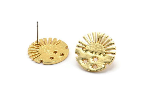 Gold Sun Earring, 2 Gold Plated Brass Sun Stud Earrings (18x1.5mm) N1712