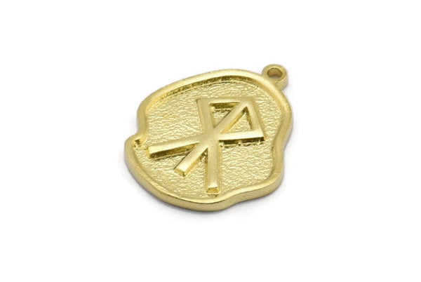 Brass Nordic Runes Charm, 4 Raw Brass Viking Courage Symbol Rune Charms With 1 Loop, Norse Viking Runes, Runic Alphabet (19x16x1.5mm) N2045