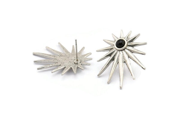 Silver Badge Earring, 2 Antique Silver Plated Brass Rosette Stud Earrings - Pad Size 4mm (29x25mm) N1507