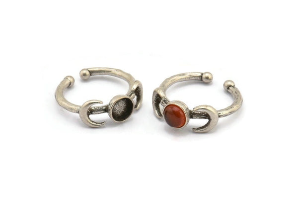 Silver Ring Settings, 2 Antique Silver Plated Brass Moon And Planet Ring With 1 Stone Setting - Pad Size 6mm N1159 H0330