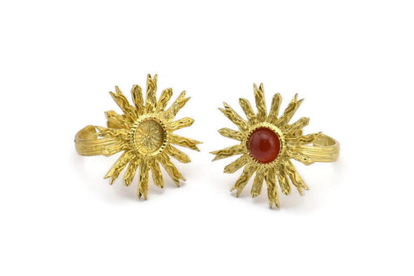 Brass Ring Settings, Raw Brass Sun Ring With 1 Stone Setting - Pad Size 6mm N0838