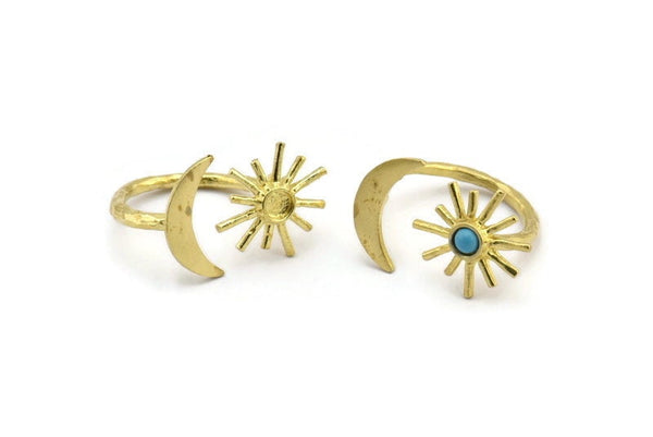 Brass Ring Settings, Raw Brass Moon And Sun Ring With 1 Stone Setting - Pad Size 3mm N1067