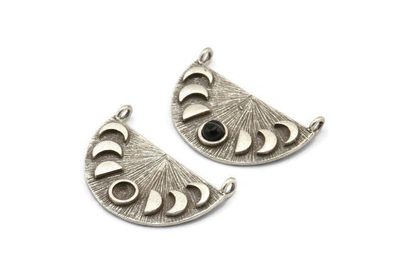 Moon Phases Pendant, 2 Antique Silver Plated Brass Moon Phases Charms With 2 Loops, Findings - Pad Size 4mm (28x16x1mm) N1225