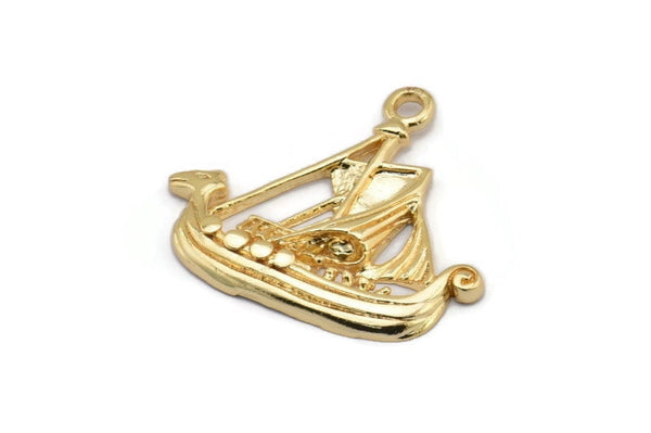 Gold Ship Pendant, 1 Gold Plated Brass Viking Ship Necklace Pendants With 1 Loop, Earrings, Findings (31x27x3mm) BS 1912 Q0419