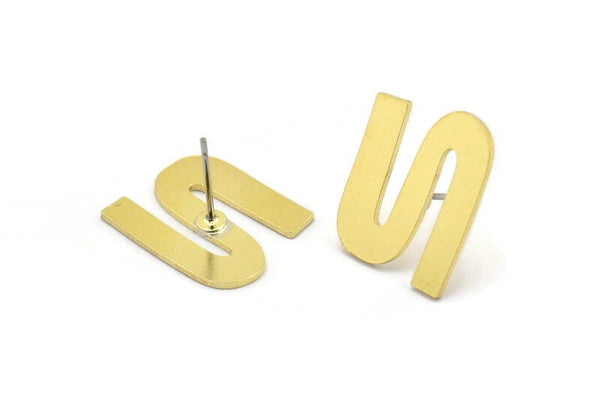 Earring Studs, 8 Raw Brass -  S Shape Earrings - Brass Earrings - Earrings (18x14x0.80mm) A2725