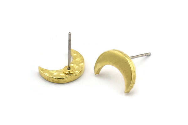 Brass Moon Earring, 8 Raw Brass Crescent Moon Stud Earrings (12x4x2mm) N1588
