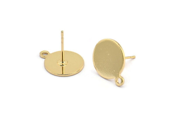 Gold Round Earring, 4 Gold Plated Brass Round Earring Studs (15x12x0.80mm) M036 A1541 Q0716
